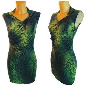 ELIE TAHARI Black and Green Snake Skin Pattern Mini Dress